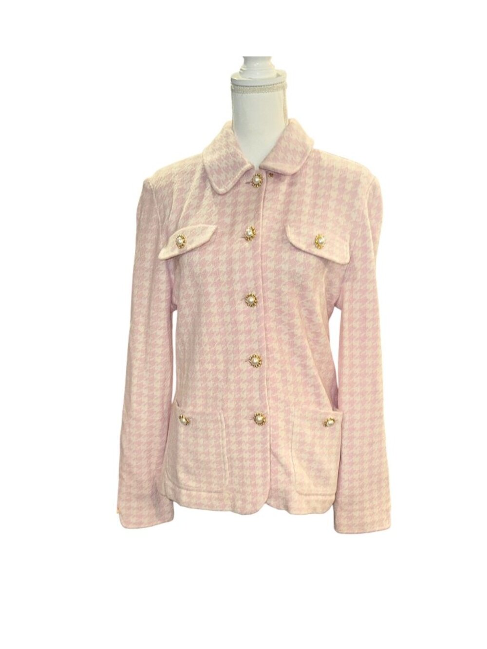 St. John Collection Pink Houndstooth Knit Blazer Jacket 12 Pearl Buttons USA